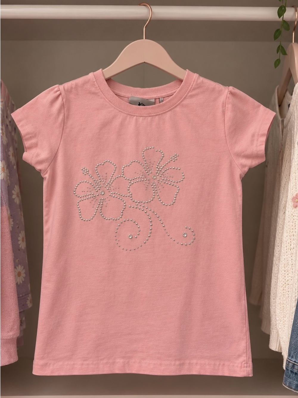 Girls Pink Short-Sleeve Floral Gem Tee
